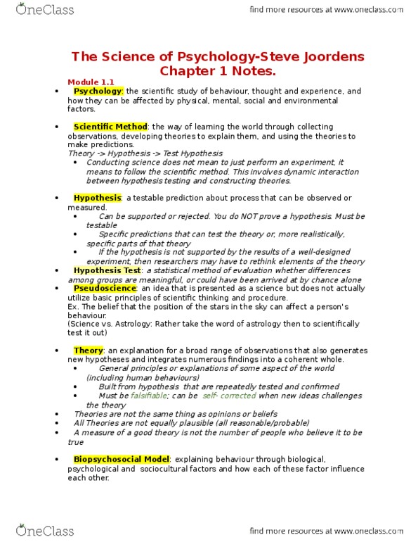 PSYA01H3 Chapter 1: Psychology Chapter 1 notes! thumbnail