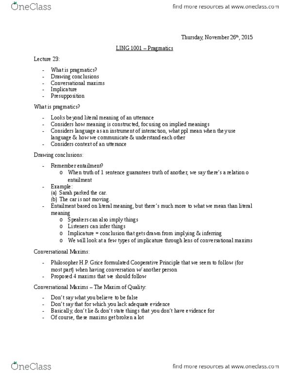 LING 1001 Lecture Notes - Lecture 23: Implicature, Pragmatics, Presupposition thumbnail