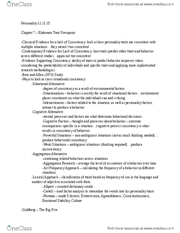 PSYC 2800 Lecture Notes - Lecture 17: Extraversion And Introversion, Neuroticism, Conscientiousness thumbnail