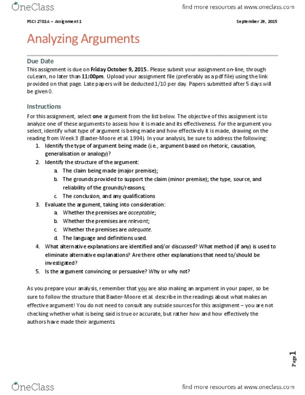 PSCI 2701 Study Guide Fall 2015, Midterm Due Date, National Post