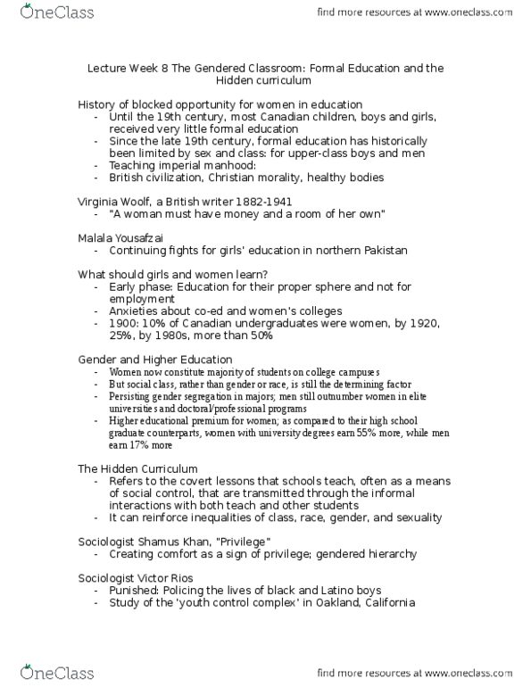 SOC275H5 Lecture Notes - Lecture 8: Malala Yousafzai, The Hidden Curriculum, Hidden Curriculum thumbnail