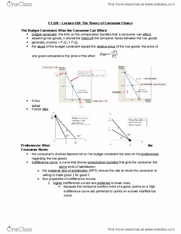 EC120 Lecture Notes - Lecture 10: Budget Constraint, Indifference Curve, Substitute Good thumbnail