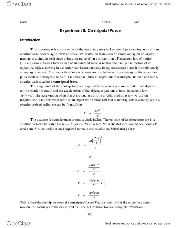PCS 211 Lecture Notes - Lecture 4: Circular Motion, Centripetal Force, Systematic Chaos thumbnail