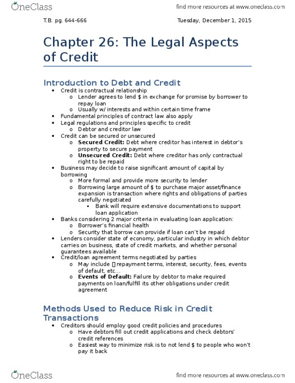 Management and Organizational Studies 2275A/B Chapter Notes - Chapter 26: Unsecured Creditor, Security Interest, Personal Property thumbnail