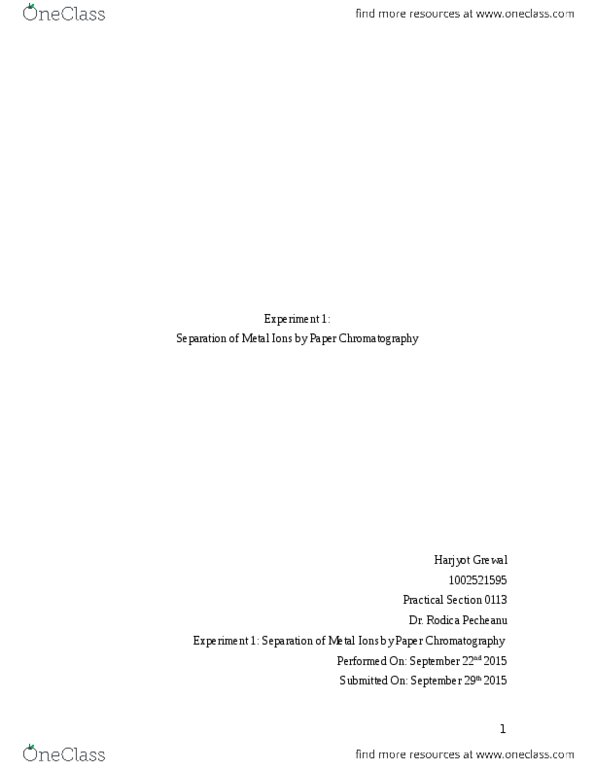 CHM110H5 Lecture Notes - Lecture 1: Paper Chromatography, Rodica, Domžale, Metal thumbnail