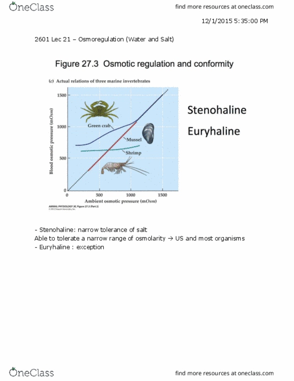 Biology 2601A/B Lecture Notes - Lecture 21: Stenohaline, Euryhaline, Osmotic Concentration thumbnail