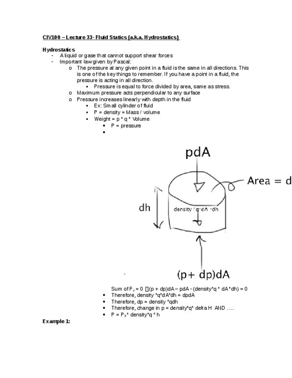 CIV100H1 Lecture Notes - Lecture 33: Hydrostatics, Statics thumbnail