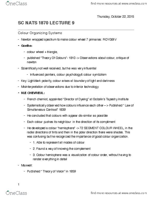 NATS 1870 Lecture Notes - Lecture 9: Gobelins Manufactory, Color Psychology, Roygbiv thumbnail