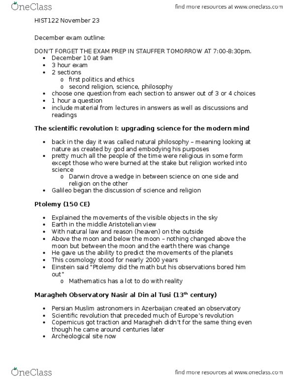 HIST 121 Lecture Notes - Lecture 11: Maragheh Observatory, Maragheh, Natural Philosophy thumbnail