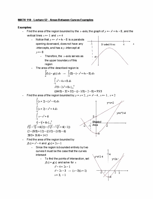 MATH 110 Lecture 52: Areas Between Curves Examples thumbnail