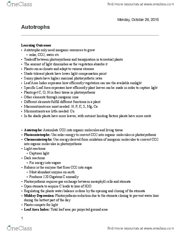 BIOL-2356EL Lecture Notes - Lecture 5: Leaf Area Index, Transpiration, Light-Dependent Reactions thumbnail