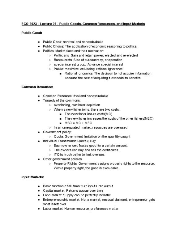 ECO 2023 Lecture Notes - Lecture 25: Rational Ignorance, Overfishing, Capital Market thumbnail