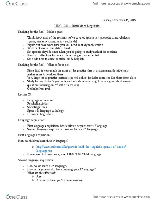 LING 1001 Lecture Notes - Lecture 24: Phonetics, Pragmatics, Sociolinguistics thumbnail