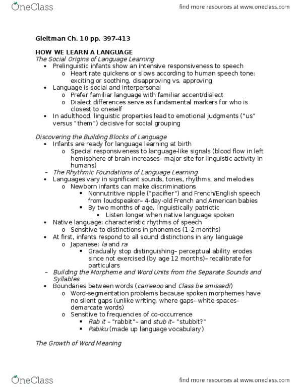 PSY BEH 11B Chapter Notes - Chapter Ch. 10 pp. 397-413: American Babies, Pacifier, Morpheme thumbnail