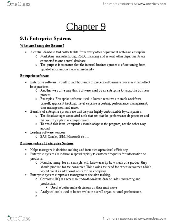 ITM 100 Chapter Notes - Chapter 9: Enterprise Software, Business Process, Management System thumbnail