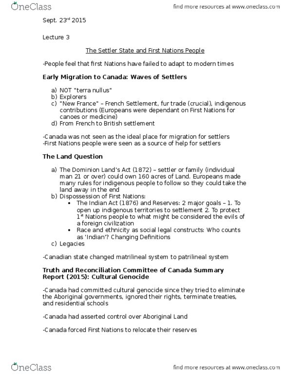 SOSC 1130 Lecture Notes - Lecture 3: Dominion Lands Act, Patrilineality, Indian Act thumbnail