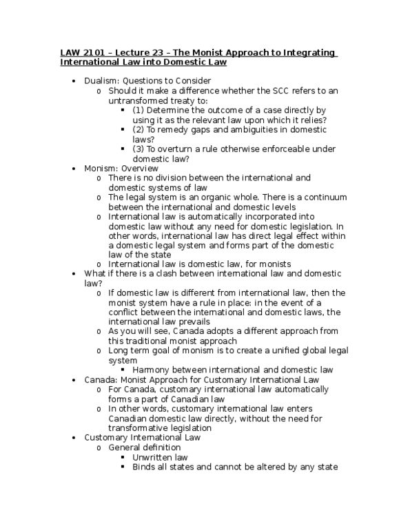 Law 2101 Lecture 23: The Monist Approach to Integrating International Law into Domestic Law thumbnail