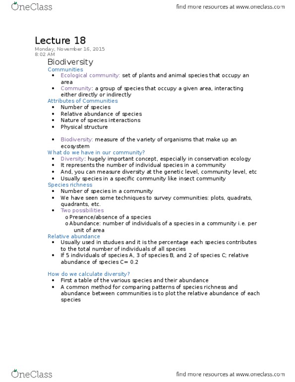 BIOL 2Q04 Lecture Notes - Lecture 18: Conservation Biology, Species Richness, Planorbidae thumbnail