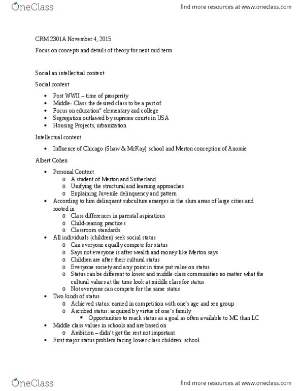 CRM 2301 Lecture Notes - Lecture 8: Juvenile Delinquency, Anomie, Ascribed Status thumbnail