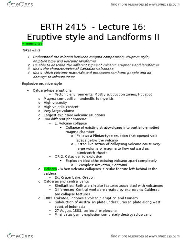 ERTH 2415 Lecture Notes - Lecture 16: Santorini Caldera, Types Of Volcanic Eruptions, Magma Chamber thumbnail