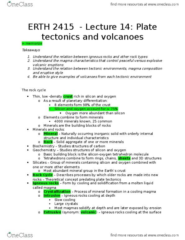 ERTH 2415 Lecture Notes - Lecture 14: Igneous Rock, Plate Tectonics, Planetary Differentiation thumbnail