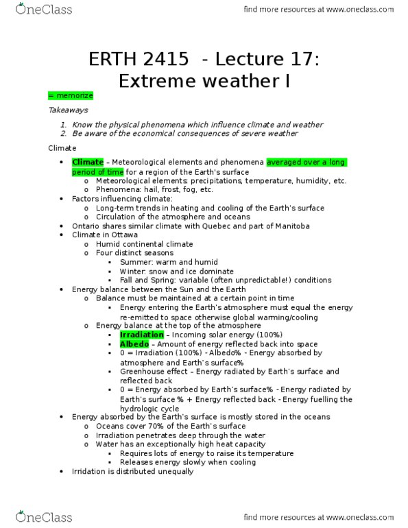 ERTH 2415 Lecture Notes - Lecture 17: Humid Continental Climate, Extreme Weather, Water Cycle thumbnail