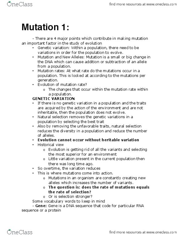 BIOB50H3 Lecture Notes - Lecture 8: Mutation Rate, Genetic Variation, Allele thumbnail