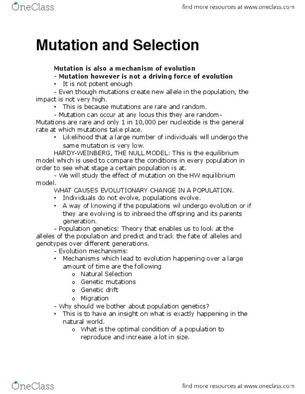 BIOB50H3 Lecture Notes - Lecture 9: Genetic Drift, Mutation Rate, Population Genetics thumbnail