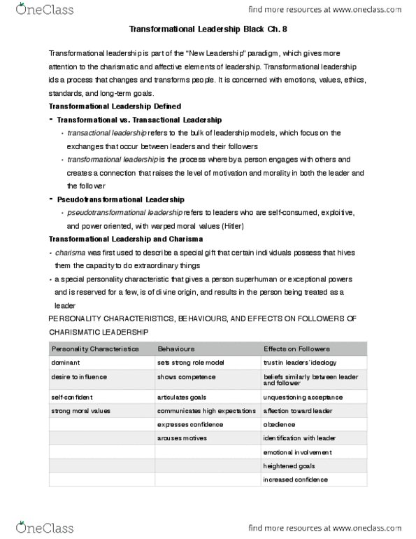 Business Administration 3323K Chapter Notes - Chapter 8: Transformational Leadership, Transactional Leadership, Reinforcement thumbnail