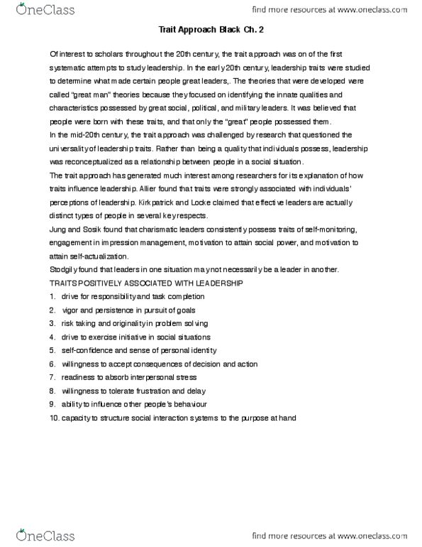 Business Administration 3323K Chapter Notes - Chapter 2: Wisconsin National Guard, Extraversion And Introversion, Neuroticism thumbnail