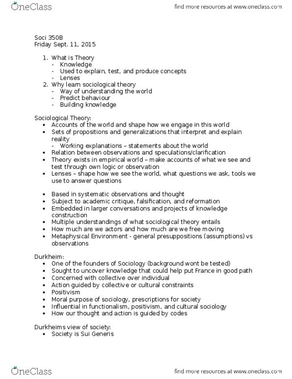 SOCI 350 Lecture Notes - Lecture 1: Collective Consciousness, Social Fact, Sui Generis thumbnail