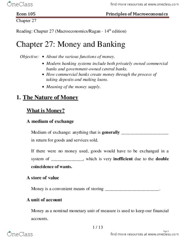 ECON 105 Lecture Notes - Lecture 9: Precious Metal, Chapter 27, Commercial Bank thumbnail