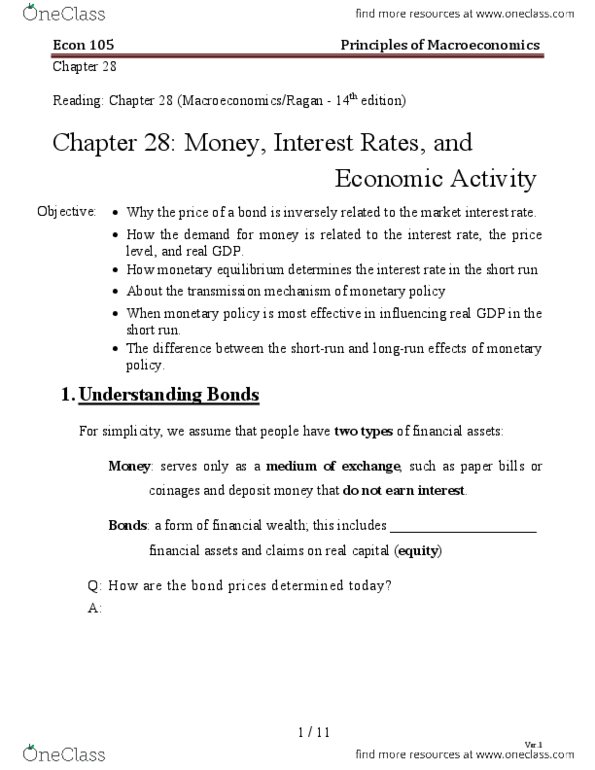 ECON 105 Lecture Notes - Lecture 10: Monetary Transmission Mechanism, Real Interest Rate, Money Supply thumbnail