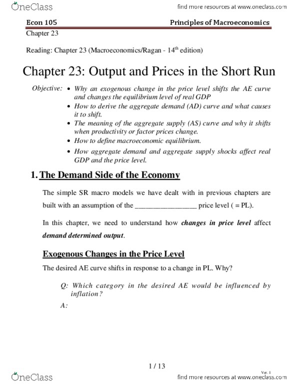 ECON 105 Lecture Notes - Lecture 6: Aggregate Demand, Aggregate Supply, Canter And Gallop thumbnail