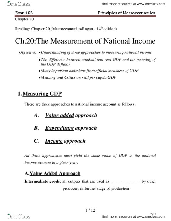 ECON 105 Lecture Notes - Lecture 4: Gdp Deflator, Income Approach, Factor Cost thumbnail