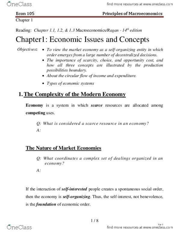 ECON 105 Lecture Notes - Lecture 1: Opportunity Cost, Barter, Mixed Economy thumbnail