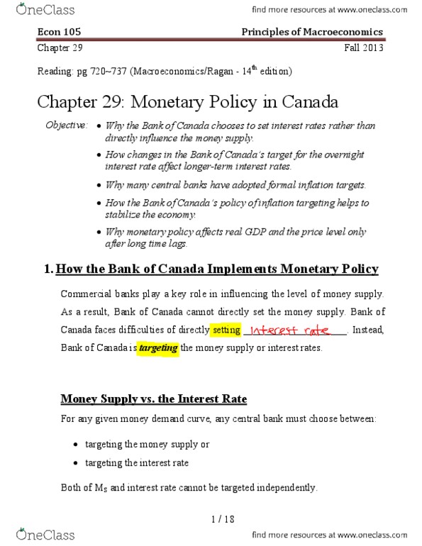 ECON 105 Lecture Notes - Lecture 11: Money Supply, Interest Rate, Open Market Operation thumbnail