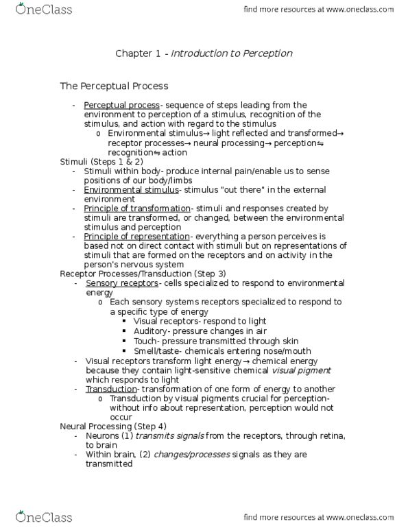 PSYC 2390 Chapter Notes - Chapter 1: Retina, Cerebral Cortex, Parietal Lobe thumbnail