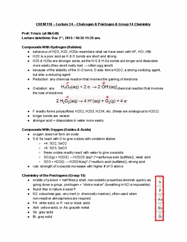 CHEM 110 Lecture Notes - Lecture 34: Pnictogen, Sulfur Trioxide, Sulfuric Acid thumbnail
