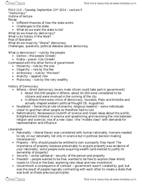 POLS 110 Lecture Notes - Lecture 5: Liberal Democracy, Plutocracy, Direct Democracy thumbnail