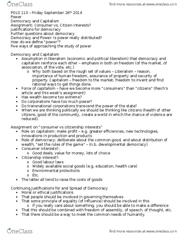 POLS 110 Lecture Notes - Lecture 6: Rough Set, Cosmopolitan Democracy, The Power Elite thumbnail