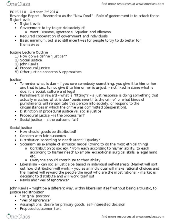 POLS 110 Lecture Notes - Lecture 9: Procedural Justice, Communitarianism, Original Position thumbnail