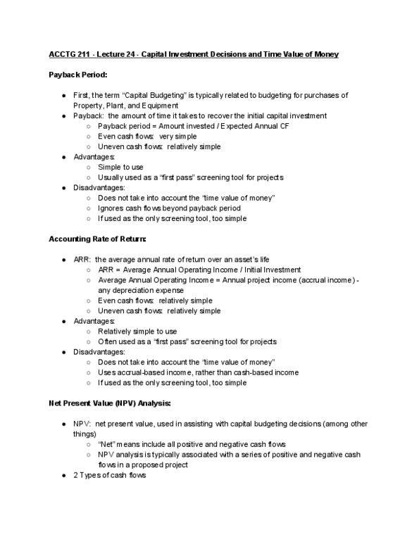 ACCTG 211 Lecture Notes - Lecture 24: Payback Period, Capital Budgeting, Cash Flow thumbnail