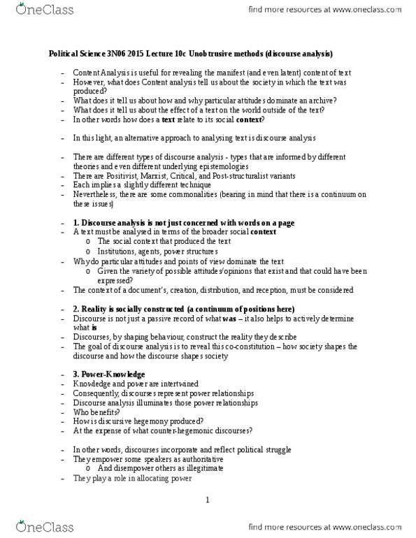 POLSCI 3N06 Lecture Notes - Lecture 10: Post-Structuralism, Discourse Analysis, Content Analysis thumbnail