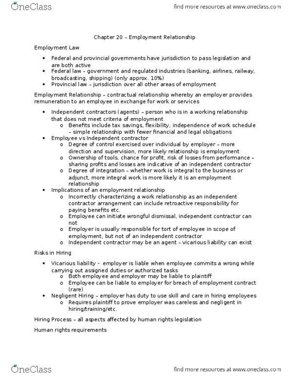 Management and Organizational Studies 2275A/B Chapter Notes - Chapter 20: Wrongful Dismissal, Human Rights Commission, Due Diligence thumbnail