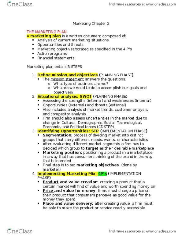 MKT 100 Chapter Notes - Chapter 2: Operational Excellence, Marketing Plan, Swot Analysis thumbnail