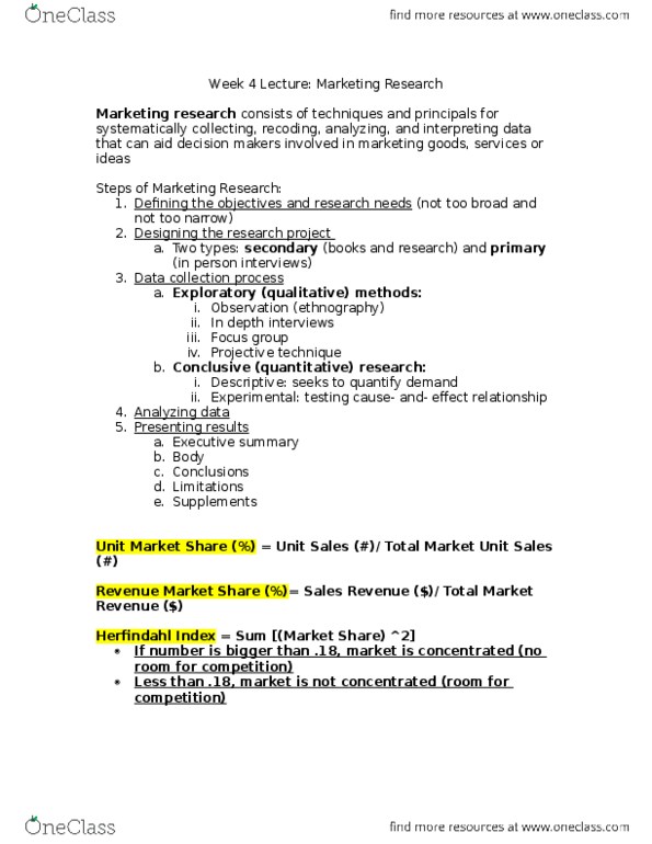 MKT 100 Lecture Notes - Lecture 4: Focus Group, Ethnography, Herfindahl Index thumbnail