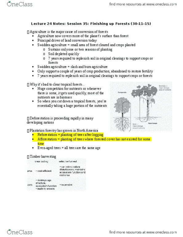 ENV100Y5 Lecture Notes - Lecture 24: Habitat Conservation, Rainforest, Reforestation thumbnail