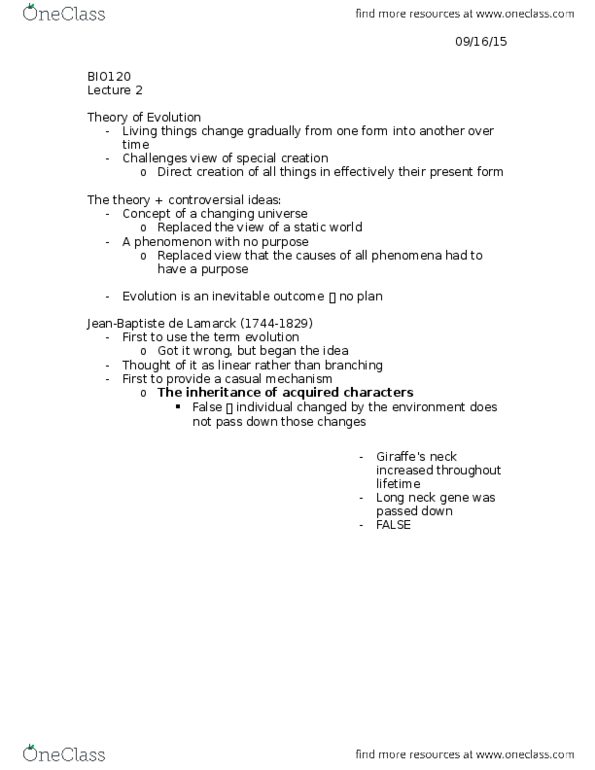 BIO120H1 Lecture Notes - Lecture 2: Special Creation, Linnean Society Of London, Botany thumbnail