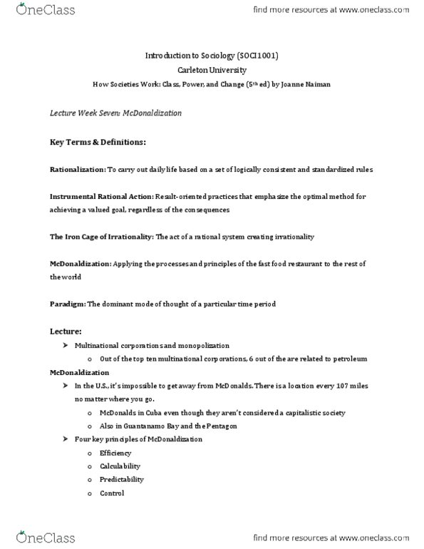 SOCI 1001 Lecture Notes - Lecture 7: Greenwashing, Mcdonaldization, Mcjob thumbnail